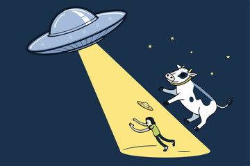 A whimsical cartoon illustration of a goofy alien spaceship beaming up a bewildered cow from a green pasture.  Include vibrant colors and a humorous expression on both the cow and aliens.