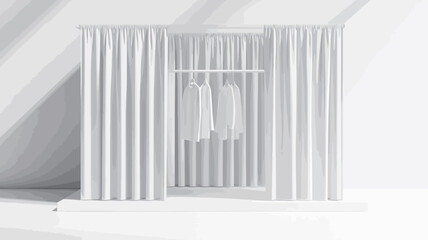 Fototapeta premium This image shows a digitally rendered minimalist dressing room model. The scene is dominated by pure white. Two white curtains flank a simple wooden hanger with two pieces hanging on it.