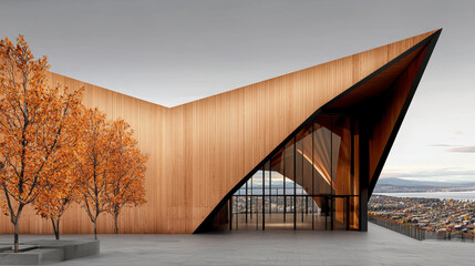 Obraz premium Modern Angular Wooden Building Overlooking City at Sunset