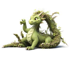 Obraz premium Enchanting Forest Guardian, A whimsical green dragon covered in lush foliage poses playfully amidst a mystical woodland setting, evoking a sense of fantasy and wonder