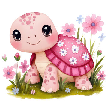Pink Turtle's Garden Delight: A cheerful, pink turtle with a charming smile, nestled amidst a garden of colorful flowers, exudes joy and nature's gentle beauty.