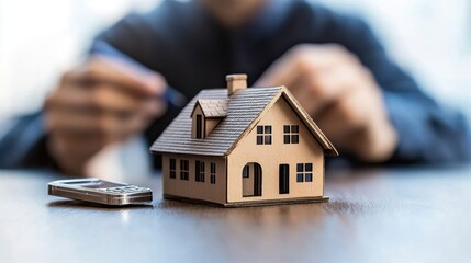 Miniature house model on table with blurred person in background