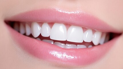 Close-up of a persons smile with perfectly white teeth, glossy pink lips, and a natural skin tone, and showcasing dental hygiene and beauty.