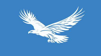 Fototapeta premium Stylized vector graphic depicting a white eagle soaring against a solid light blue background. The eagle is rendered in a clean and simple style with sharp lines.