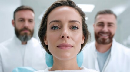 Fototapeta premium Beautiful woman looking at the camera, with two smiling dentists behind her in a clinic.
