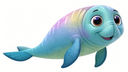 Adorable Cartoon Manatee Happy Aquatic Mammal Ocean Animal Illustration Colorful Sea Creature