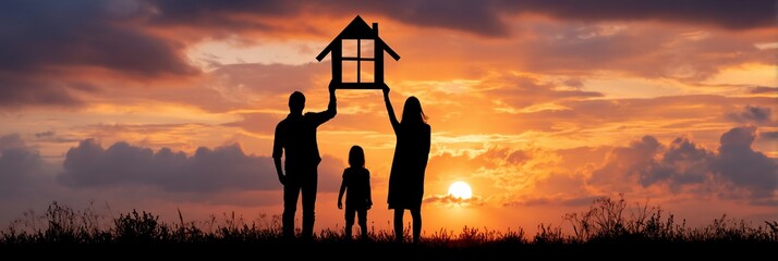 Family holding a house silhouette against sunset