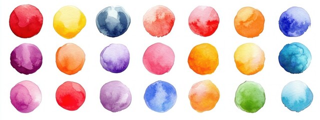 Colorful watercolor round shapes and blobs set with soft textures and vibrant pastel colors on white background