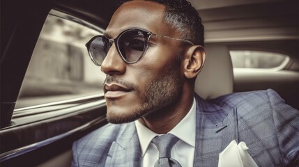 A sophisticated man in a suit and sunglasses looks out from a car window.
