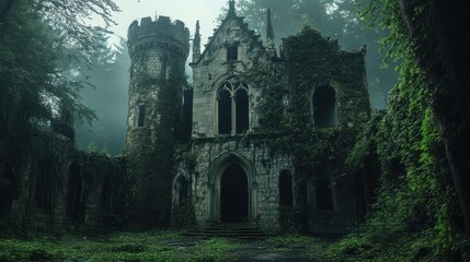 Obraz premium Enigmatic Ruins: A Gothic Castle Overgrown by Nature's Embrace