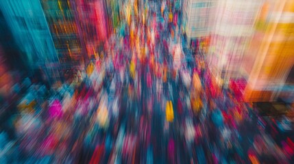 City crowd motion blur, urban street, vibrant colors, busy background, advertising