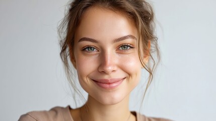 Naklejka premium A portrait of a smiling woman, showcasing her natural beauty and genuine happiness, indoors.