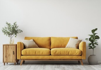 A yellow sofa with wooden legs and two throw pillows sits in front of a white wall with two plants in the background