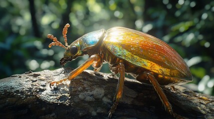 Fototapeta premium Golden beetle on wood, jungle bokeh background
