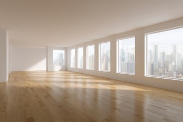 Obraz premium Spacious Room with Hardwood Floors and City Views: Design Inspiration for Modern Living Spaces