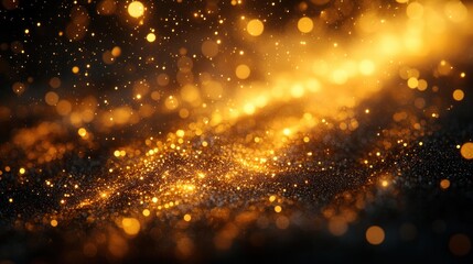 Obraz premium Golden bokeh lights with sun rays and soft glow on black background elegant dreamy abstract celebration texture