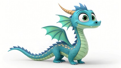 Fototapeta premium Adorable Cartoon Baby Dragon Cute Fantasy Creature Green Blue Wings 3D Render