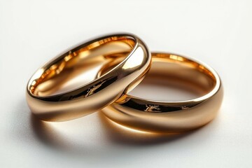 Two gold wedding rings on white background closeup