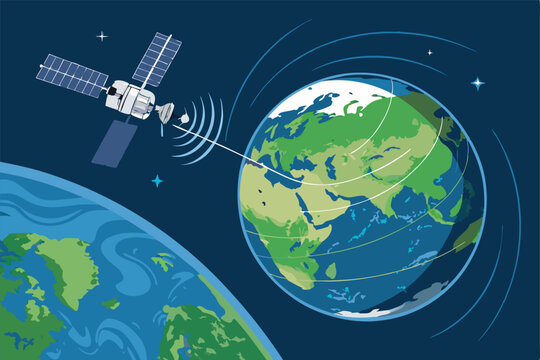 A detailed illustration of a satellite orbiting Earth, emitting strong signal lines back to ground stations.  Show realistic Earth textures and technological satellite details.