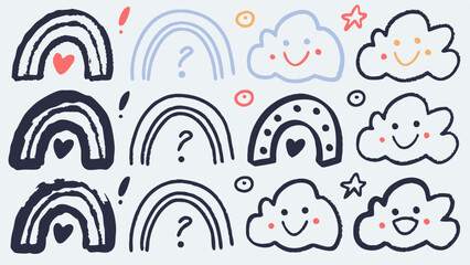 Cute Doodle Rainbows, Clouds, and Hearts Set, Kawaii Weather and Love Element Collection, Hand-Drawn Happy Sky and Emotion Icons, Playful Sketch Rainbow and Feeling Pack, Whimsical Cartoon Cloud 