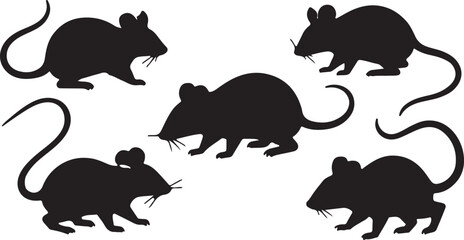 A collection of six stylized black silhouette images of rodents (likely rats or mice) against a plain white background.