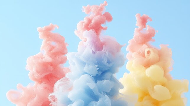 Pastel-colored ink clouds swirling against a light blue backdrop.