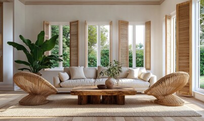 Obraz premium A bright living room with large windows, a white couch, two woven chairs, a wooden coffee table, a potted plant, and a rug