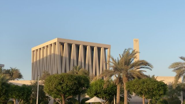 Striking architecture of the Moses Ben Maimon Synagogue, part of the Abrahamic Family House in Saadiyat Cultural District, Saadiyat Island, symbolizing interfaith harmony and cultural dialogue.