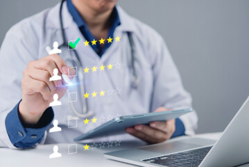 Medical rating interface with doctor assessing service quality. Perfect for keywords like...