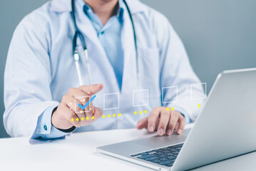 Doctor giving online feedback using virtual rating interface. Ideal for healthtech, hospital service review, digital evaluation, and healthcare user experience.