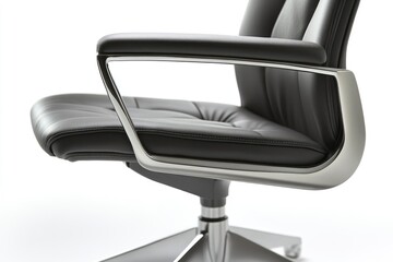 Modern office chair with black leather upholstery and sleek chrome armrests, designed for comfort and style.