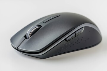 A sleek, black wireless computer mouse with extra buttons and a scroll wheel, resting on a white surface.