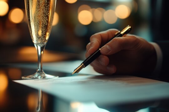 A hand elegantly signs a document with a fountain pen, a glass of champagne nearby, suggesting a celebratory contract signing or momentous agreement.