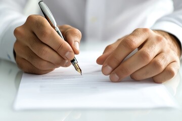 Close-up of a person signing a document with a fountain pen, signifying agreement or completion.