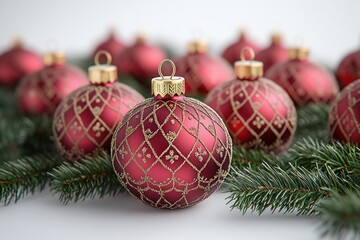 Red Christmas ornament with gold patterns and festive ribbon on white background with evergreen fir branches