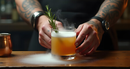 Tattooed hands craft smoky cocktails with dry ice and fire. Textures: fog, burnt herbs, condensation. Bar alchemy in motion.