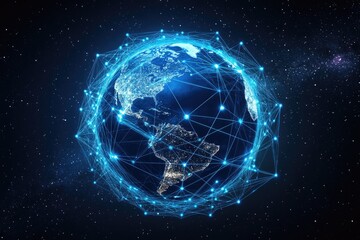 A glowing blue Earth with a network of lines and dots, surrounded by stars