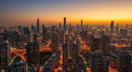Fototapeta premium City Skyline at Sunset with Golden Hour Lighting