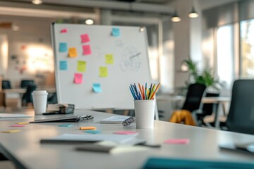 A modern workspace with colorful stationery, sticky notes on a whiteboard, suggesting brainstorming or planning.