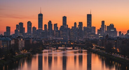 Obraz premium City Skyline at Sunset with River Reflection