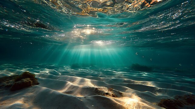 Sunlight penetrating the crystal-clear shallow sea. Sunlight beams underwater, illuminating the sandy bottom.  A beautiful underwater scene