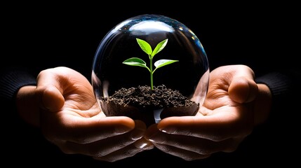Protecting Young Plant Sprout in Glass Orb Hands Holding Environmental Conservation