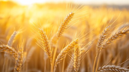 Fototapeta premium Golden wheat stalks glow in a field at sunset, with bright bokeh background