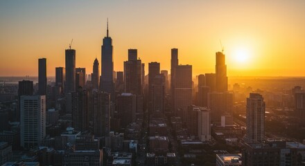 Obraz premium City Skyline at Sunset: Golden Hour Panorama