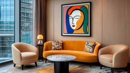 Modern Living Room with Mustard Yellow Sofa and Abstract Art