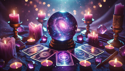 Witchcraft Altar with Tarot Deck and Glowing Crystal Sphere