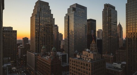 Obraz premium City Skyline at Sunset: Illuminated Buildings and Golden Hour Light