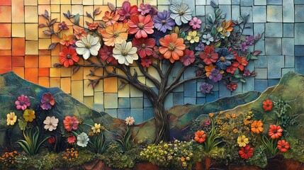 Colorful mosaic tree of life