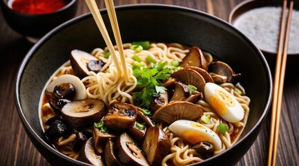 A delectable bowl of ramen topped with mushrooms, boiled egg, and fresh greens, set against a rustic wooden table with chopsticks ready to be enjoyed