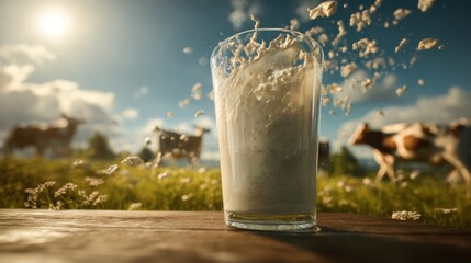 Fresh milk from pitcher into the glass with grass field and cows with a natural background,fresh milk ad template banner,Cows live on natural pastures, packaging with milk packs concept.